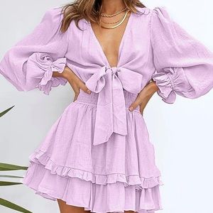 Womens Spring Summer Knot Front V Neck Ruffles Long Sleeve Mini Lilac Dress